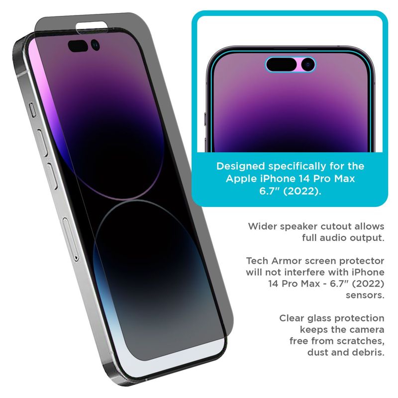 Tech Armor 1 Pack Privacy Ballistic Glass Screen Protector Compatible for Apple NEW iPhone 14 Pro Max 5G 6.7 Inch Tempered Glass 2022 N