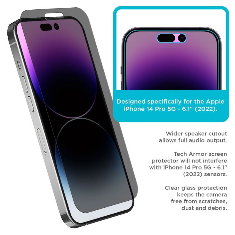 Tech Armor [1 Pack] Privacy Screen Protector for iPhone 14 Pro Anti-Spy Ballistic Tempered Glass 9H Hardness Case Friendly Easy Installation Bubble Free 3D Touch Support [6.1 inch]
