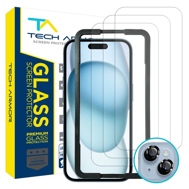 Tech Armor iPhone 15 Screen Protector 6.1 Inch - Ballistic Tempered Glass, 3 Pack + Bonus Camera Lens Protectors