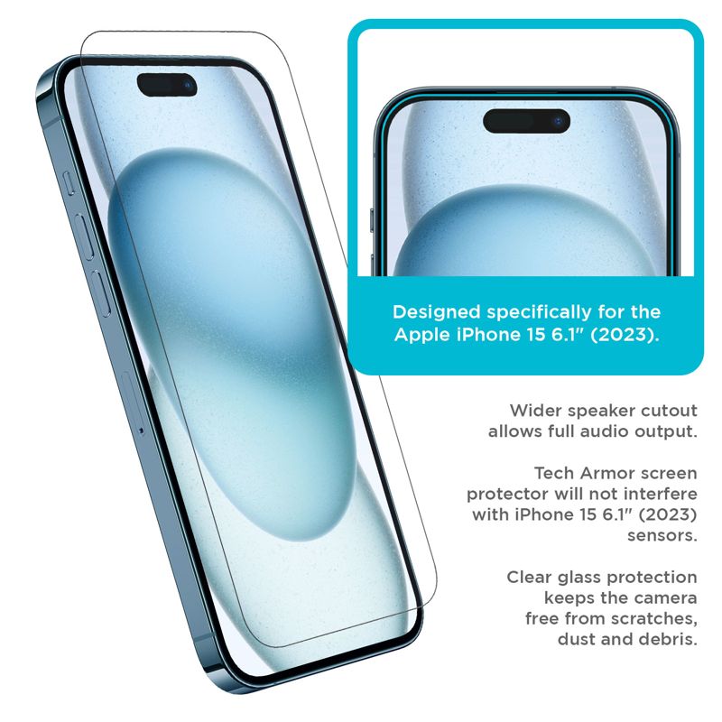 Tech Armor iPhone 15 Screen Protector 6.1 Inch - Ballistic Tempered Glass, 3 Pack + Bonus Camera Lens Protectors