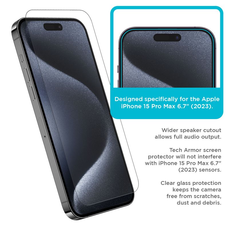 Tech Armor iPhone 15 Pro Max Screen Protector 6.7 inch - Ballistic Tempered Glass, 3 Pack + Bonus Camera Lens Protectors