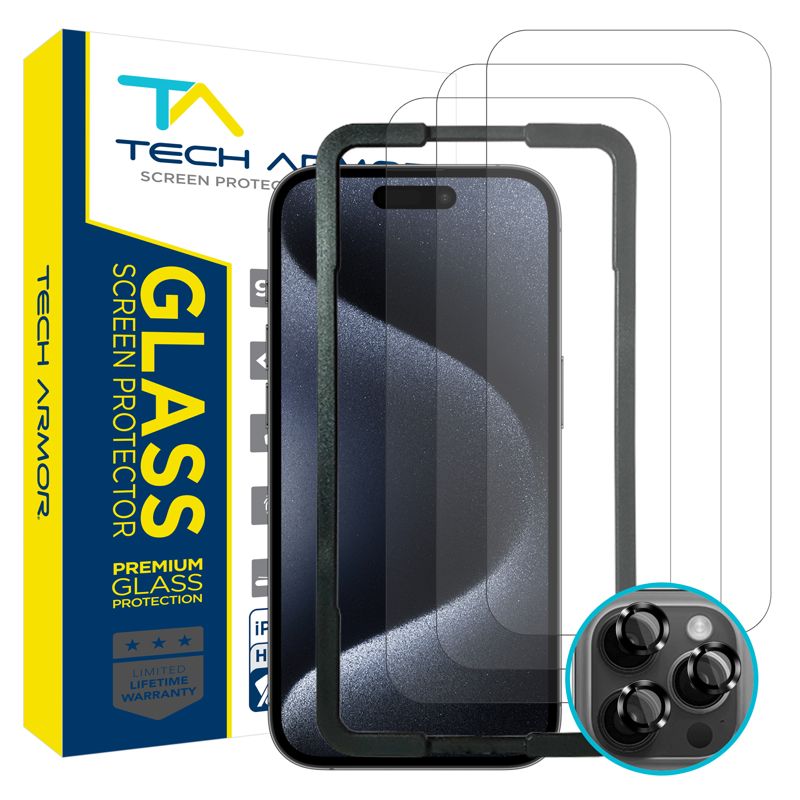 Tech Armor iPhone 15 Pro Max Screen Protector 6.7 inch - Ballistic Tempered Glass, 3 Pack + Bonus Camera Lens Protectors