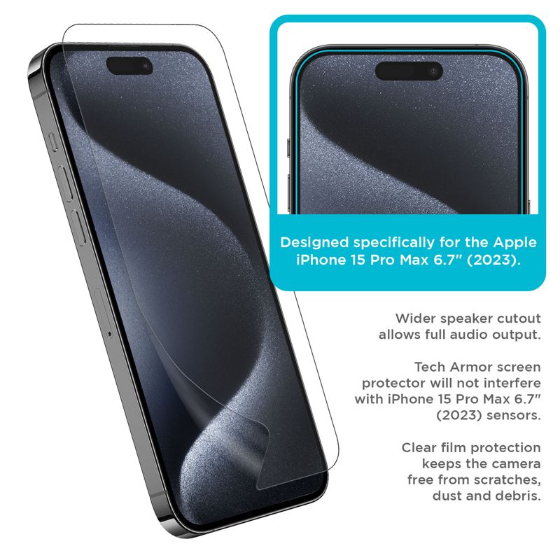 Tech Armor 4 Pack HD Clear Film Screen Protector for Apple NEW iPhone 15 Pro Max 6.7 Inch
