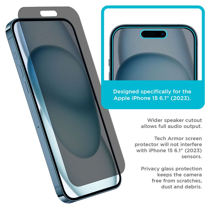 Tech Armor 1 Pack Privacy Screen Protector for iPhone 15 Anti-Spy Case Friendly Easy Installation Ballistic Tempered Glass Bubble Free 3D Touch Support [6.1 inch]