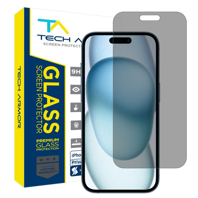 Tech Armor Privacy Screen Protector for iPhone 15 Plus 6.7 inch - Ballistic Tempered Glass, Anti-Spy, Case Friendly, Easy Installation, Bubble Free, Touch Support, 1 Pack