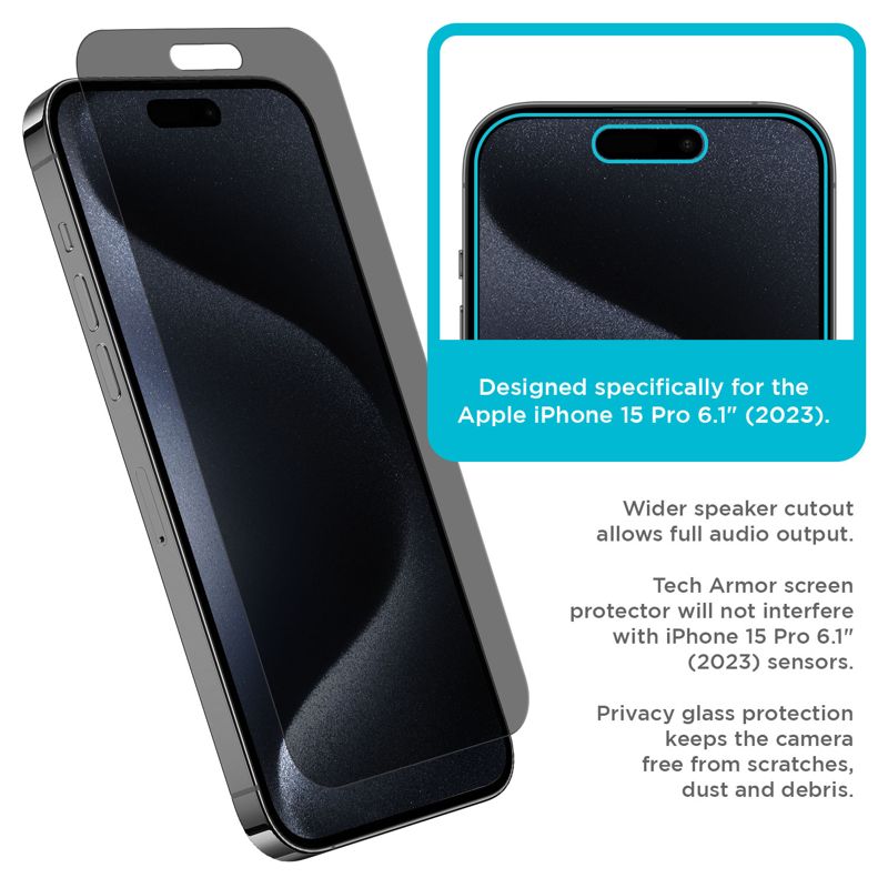 Tech Armor 1 Pack Privacy Screen Protector for iPhone 15 Pro Anti-Spy Case Friendly Easy Installation Ballistic Tempered Glass Bubble Free 3D Touch Support [6.1 inch]