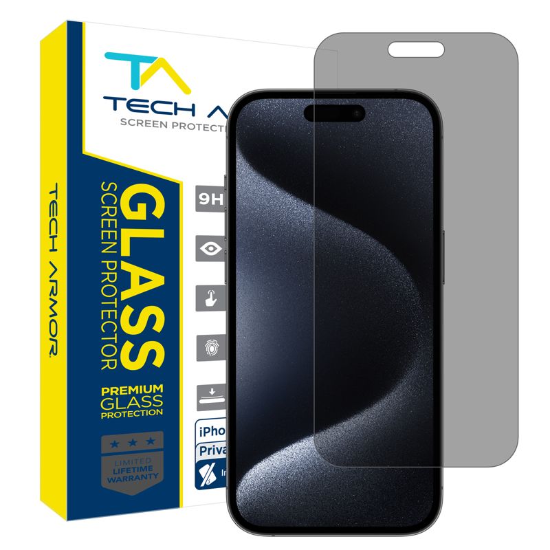 Tech Armor 1 Pack Privacy Screen Protector for iPhone 15 Pro Anti-Spy Case Friendly Easy Installation Ballistic Tempered Glass Bubble Free 3D Touch Support [6.1 inch]