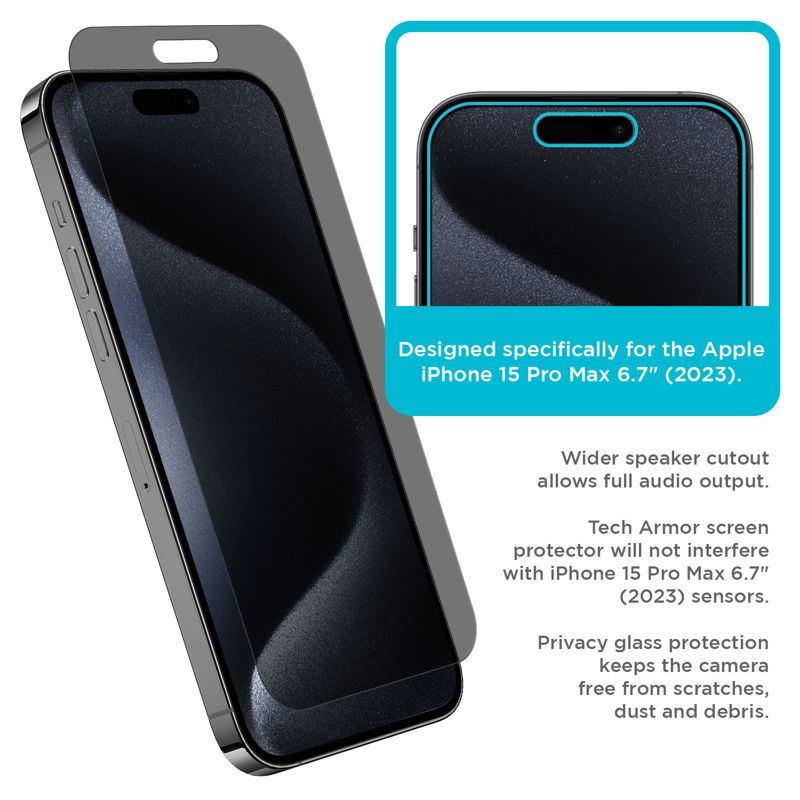 Tech Armor 1 Pack Privacy Screen Protector for iPhone 15 Pro Max Anti-Spy Case Friendly Easy Installation Ballistic Tempered Glass Bubble Free 3D Touch Support [6.7 inch]