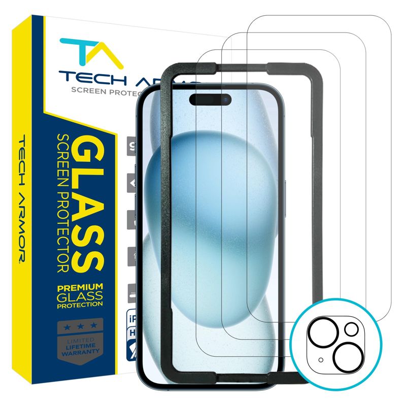 Tech Armor iPhone 15 Plus Screen Protector 6.7 Inch - Ballistic Tempered Glass, Case Friendly, Sensor Protection, HD, 9H Hardness, 3 Pack + Bonus Camera Lens Protector
