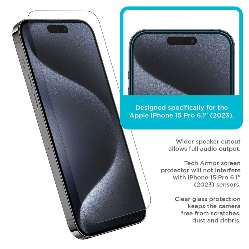 Tech Armor iPhone 15 Pro Screen Protector 6.1 Inch - Ballistic Tempered Glass, Case Friendly, Sensor Protection, HD, 9H Hardness, 3 Pack + Bonus Camera Lens Protector