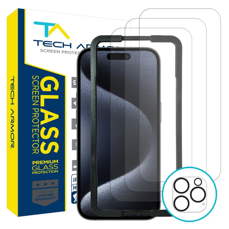 Tech Armor iPhone 15 Pro Screen Protector 6.1 Inch - Ballistic Tempered Glass, Case Friendly, Sensor Protection, HD, 9H Hardness, 3 Pack + Bonus Camera Lens Protector