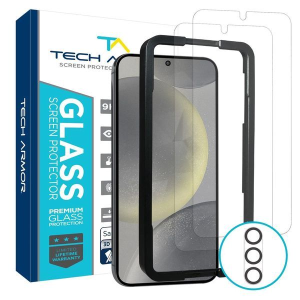 Tech Armor Samsung Galaxy S24 Plus Screen Protector - 2 Pack, Ballistic Tempered Glass, Case-Friendly Design + Installation Tray with Bonus Lens Protector
