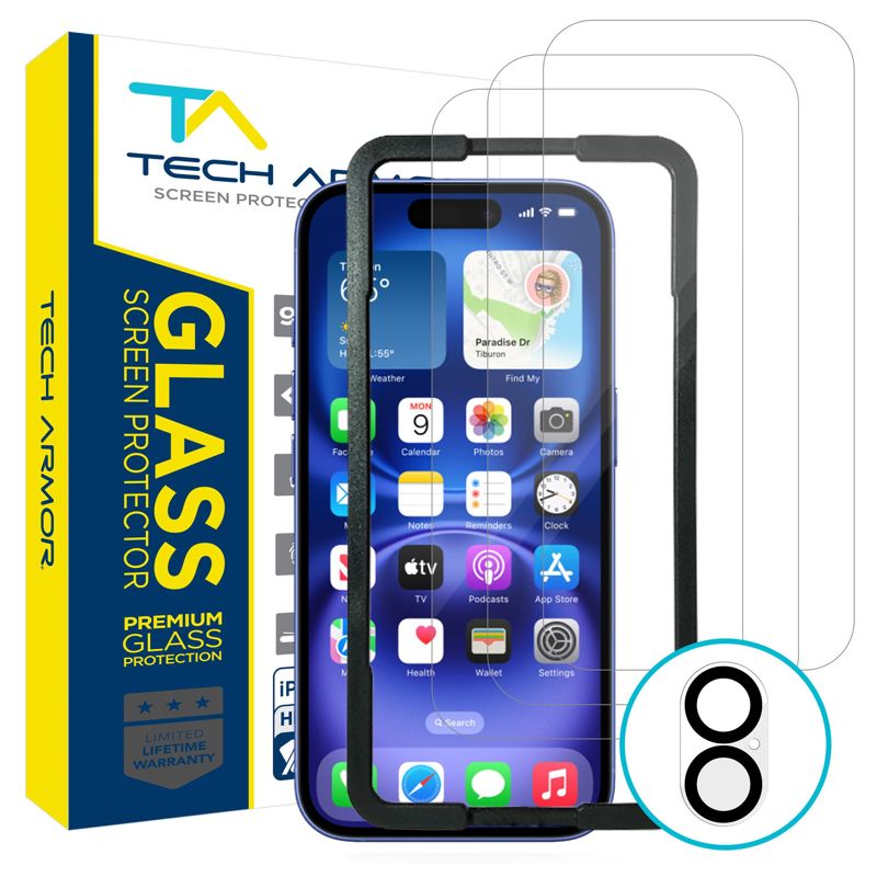 Tech Armor Screen Protector for iPhone 16 Plus - Ballistic Tempered Glass, Case Friendly, Sensor Protection, HD, 9H Hardness, 3 Pack + Bonus Camera Lens Protector