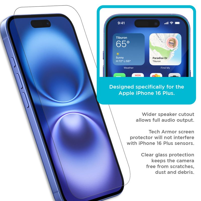 Tech Armor Screen Protector for iPhone 16 Plus - Ballistic Tempered Glass, Case Friendly, Sensor Protection, HD, 9H Hardness, 3 Pack + Bonus Camera Lens Protector