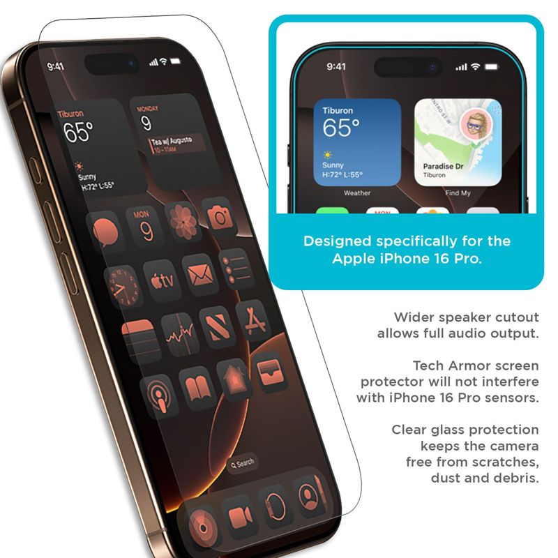 Tech Armor iPhone 16 Pro Screen Protector - Ballistic Tempered Glass, Case Friendly,  3 Pack + Bonus Camera Lens Protector
