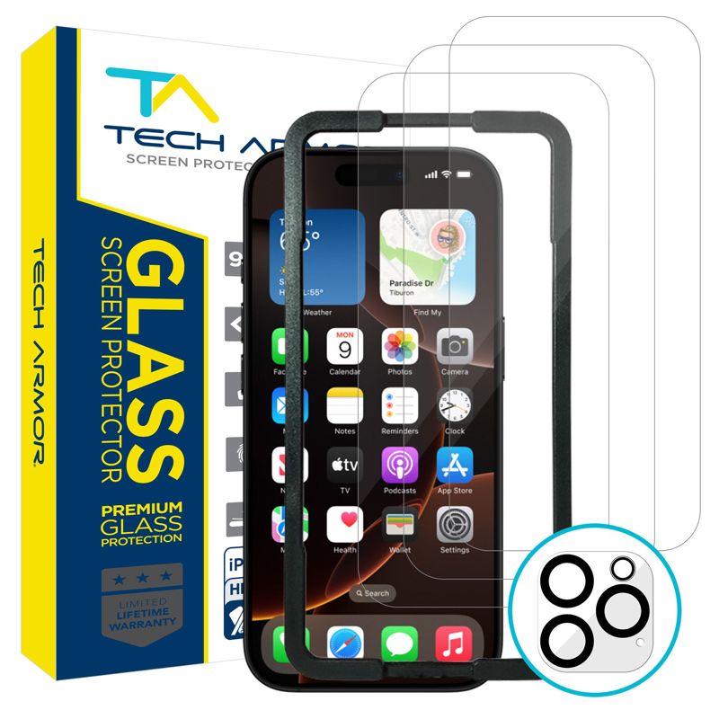Tech Armor Screen Protector for iPhone 16 Pro Max - Ballistic Tempered Glass, Case Friendly, Sensor Protection, HD, 9H Hardness, 3 Pack + Bonus Camera Lens Protector