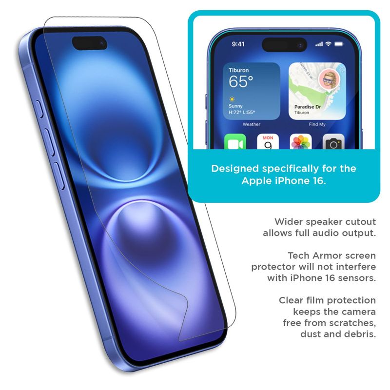 Tech Armor 4 Pack iPhone 16 Screen Protector - HD Clear Film, Premium Quality
