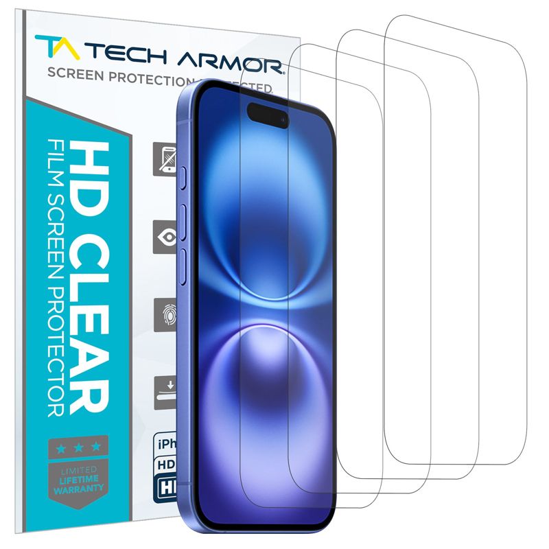 Tech Armor 4 Pack iPhone 16 Plus Screen Protector - HD Clear Film, Crystal Clear Clarity, Premium Quality