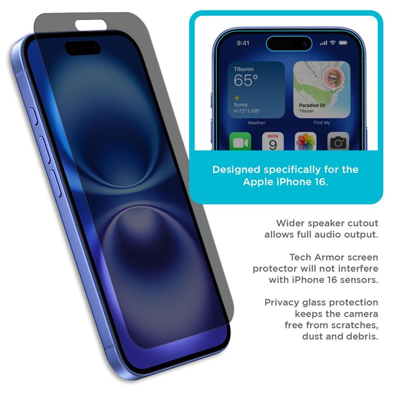Tech Armor Privacy Screen Protector for iPhone 16 - Ballistic Tempered Glass, Anti-Spy, Case Friendly, Easy Installation, Bubble Free, Touch Support, 1 Pack