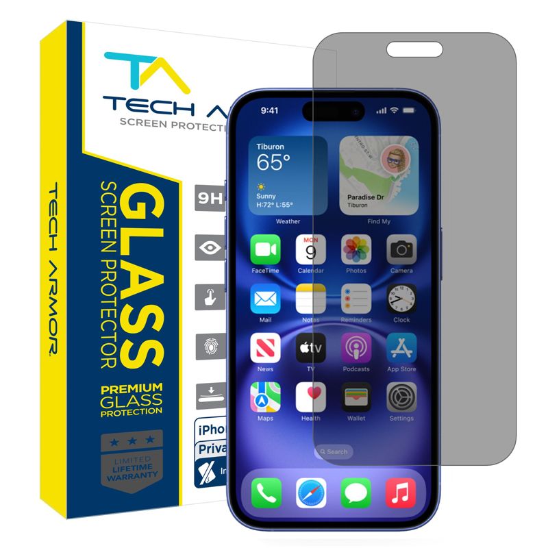 Tech Armor Privacy Screen Protector for iPhone 16 Plus - Ballistic Tempered Glass, Anti-Spy, Case Friendly, Easy Installation, Bubble Free, Touch Support, 1 Pack