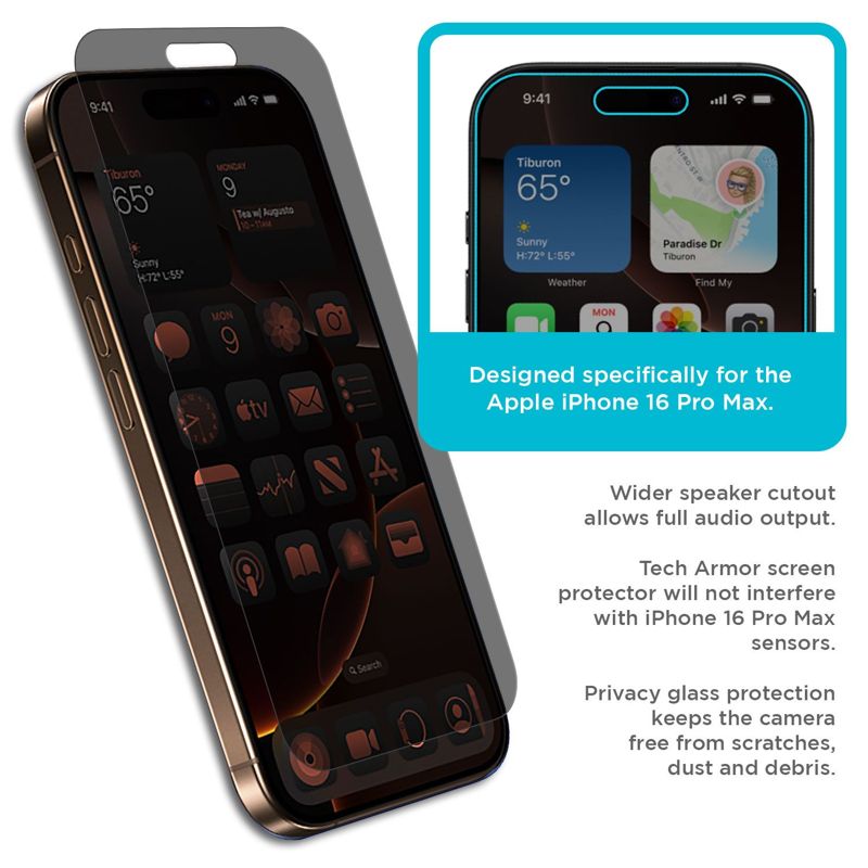 Tech Armor Privacy Screen Protector for iPhone 16 Pro Max - Ballistic Tempered Glass, Anti-Spy, Case Friendly, Easy Installation, Bubble Free, Touch Support, 1 Pack