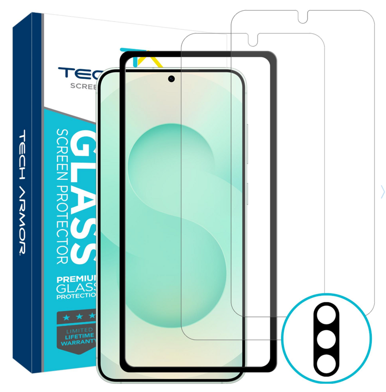 Tech Armor Samsung Galaxy S25 Screen Protector - 2 Pack, Ballistic Tempered Glass, Case-Friendly Design + Installation Tray with Bonus Lens Protector