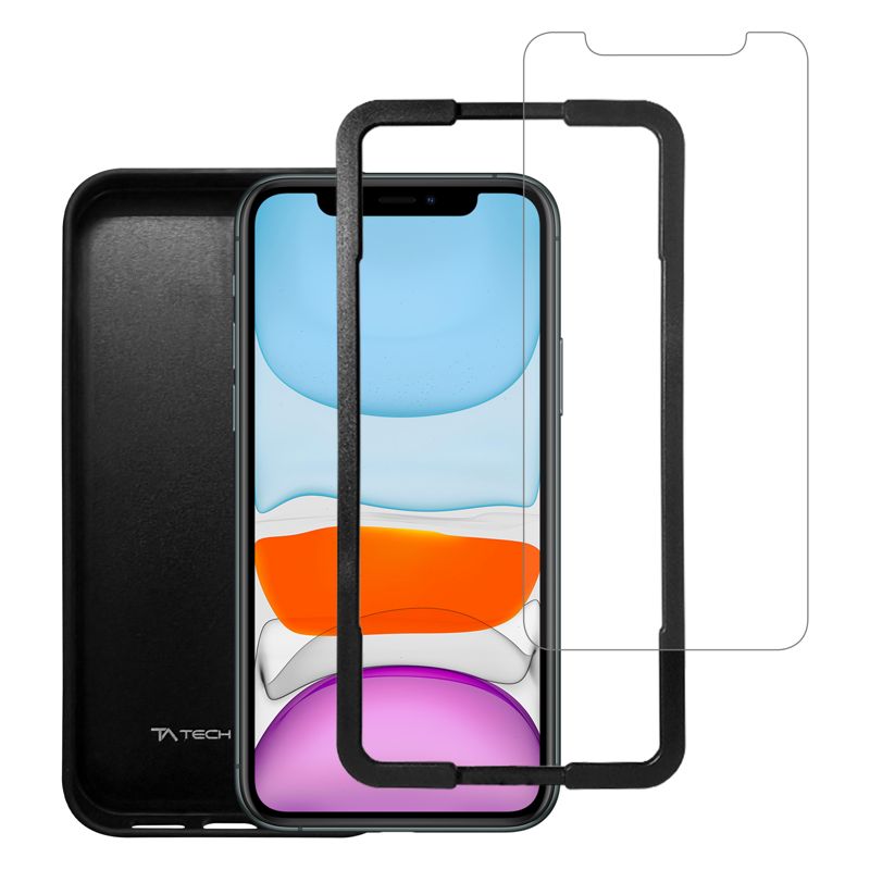 Tech Armor for iPhone 11 / XR Carbon Fiber Case + Ballistic Glass Screen Protector, Matte Black Lightweight, Protective Case with Alignment Tray & Cleaning Kit - 1 Pack