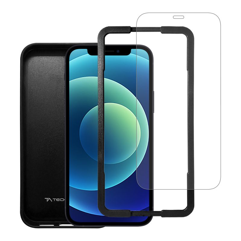 Tech Armor for iPhone 12 / 12 Pro Carbon Fiber Case + Ballistic Glass Screen Protector, Matte Black Lightweight, Protective Case with Alignment Tray & Cleaning Kit - 1 Pack