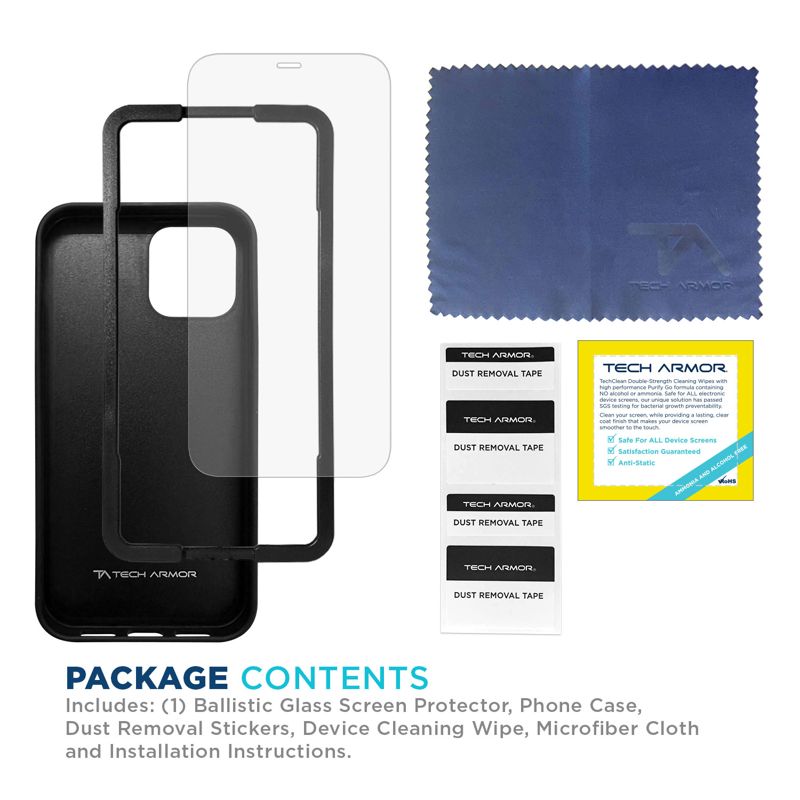 Tech Armor for iPhone 12 / 12 Pro Carbon Fiber Case + Ballistic Glass Screen Protector, Matte Black Lightweight, Protective Case with Alignment Tray & Cleaning Kit - 1 Pack