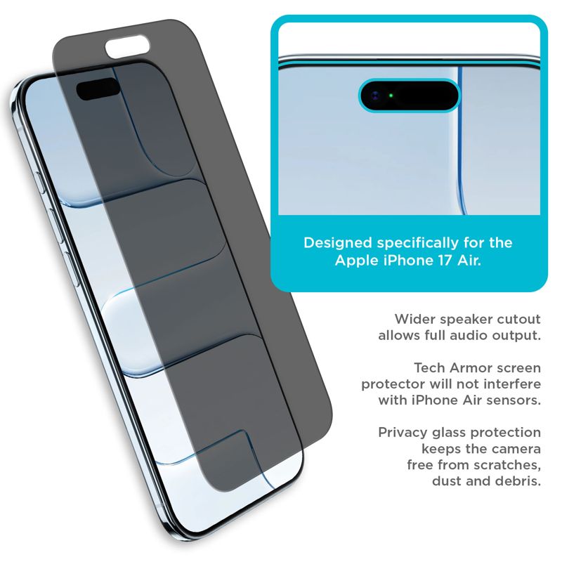 Tech Armor for iPhone Air Screen Protector Privacy Glass 6.5 inch - Ballistic Tempered, Anti-Spy, Case Friendly, Easy Installation, Bubble Free, Touch Support, 1 Pack