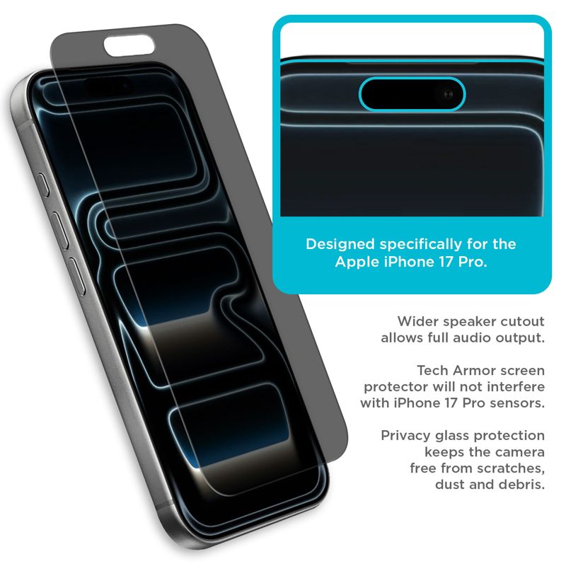 Tech Armor for  iPhone 17 Pro Screen Protector Privacy Glass 6.3 inch - Ballistic Tempered, Anti-Spy, Case Friendly, Easy Installation, Bubble Free, Touch Support, 1 Pack