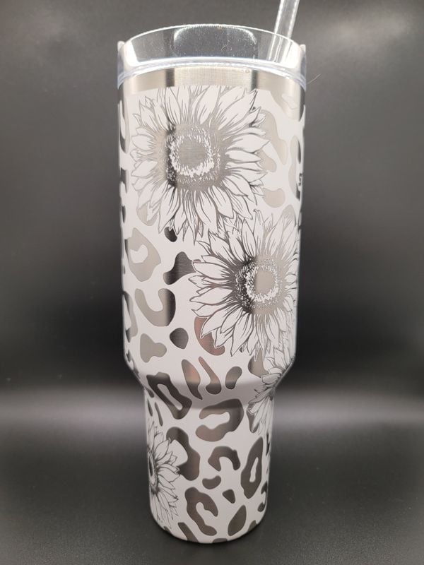 Sunflower & Leopard Print Tumbler Engraved Stanley Quencher 40oz (Cream 30oz, Leopard/Sunflower)