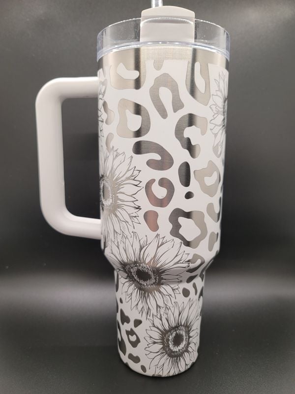 Sunflower & Leopard Print Tumbler Engraved Stanley Quencher 40oz (Cream 30oz, Leopard/Sunflower)