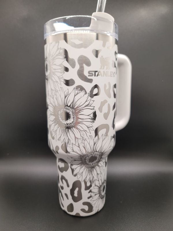 Sunflower & Leopard Print Tumbler Engraved Stanley Quencher 40oz (Cream 30oz, Leopard/Sunflower)
