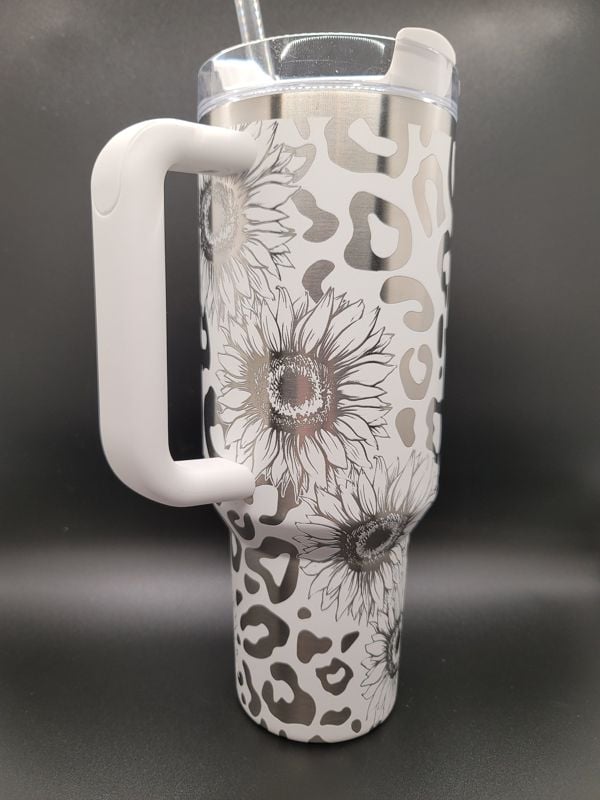 Sunflower & Leopard Print Tumbler Engraved Stanley Quencher 40oz (Cream 30oz, Leopard/Sunflower)
