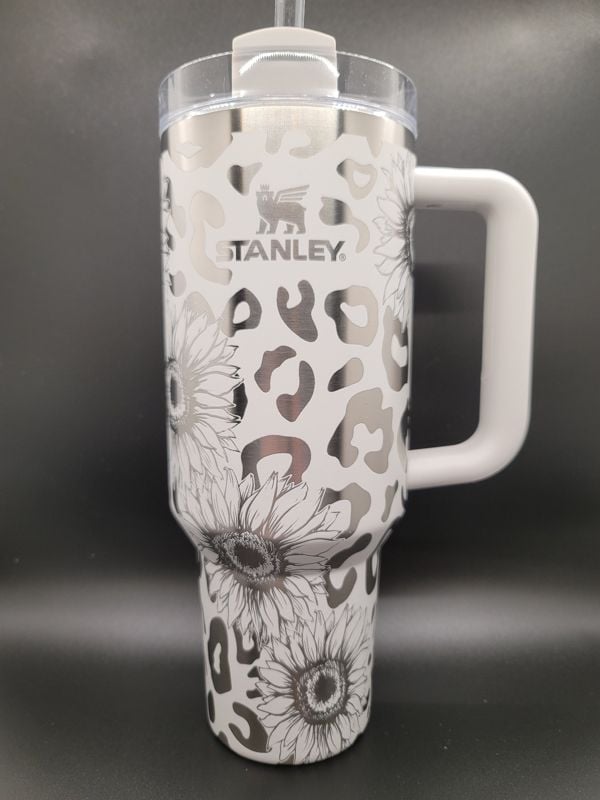 Sunflower & Leopard Print Tumbler Engraved Stanley Quencher 40oz (Cream 30oz, Leopard/Sunflower)