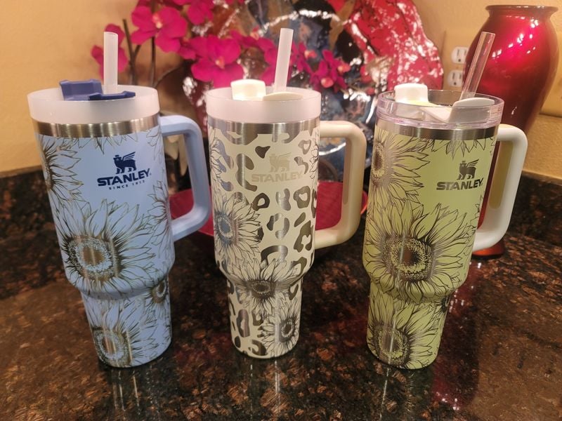 Sunflower & Leopard Print Tumbler Engraved Stanley Quencher 40oz (Cream 30oz, Leopard/Sunflower)