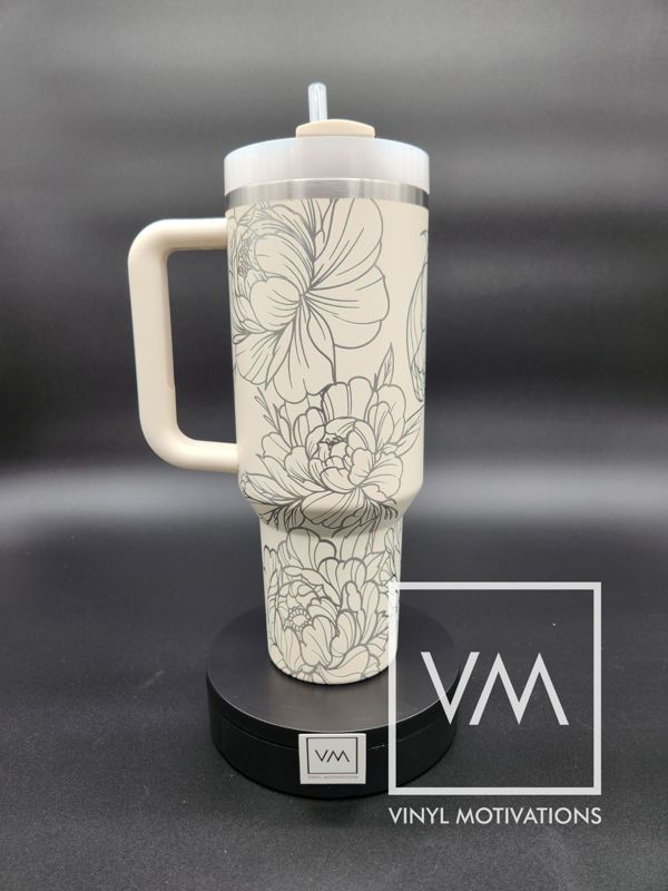 Spring Peony Tumbler Engraved Stanley Quencher 40oz (Cream 30oz, Daisy Pattern)