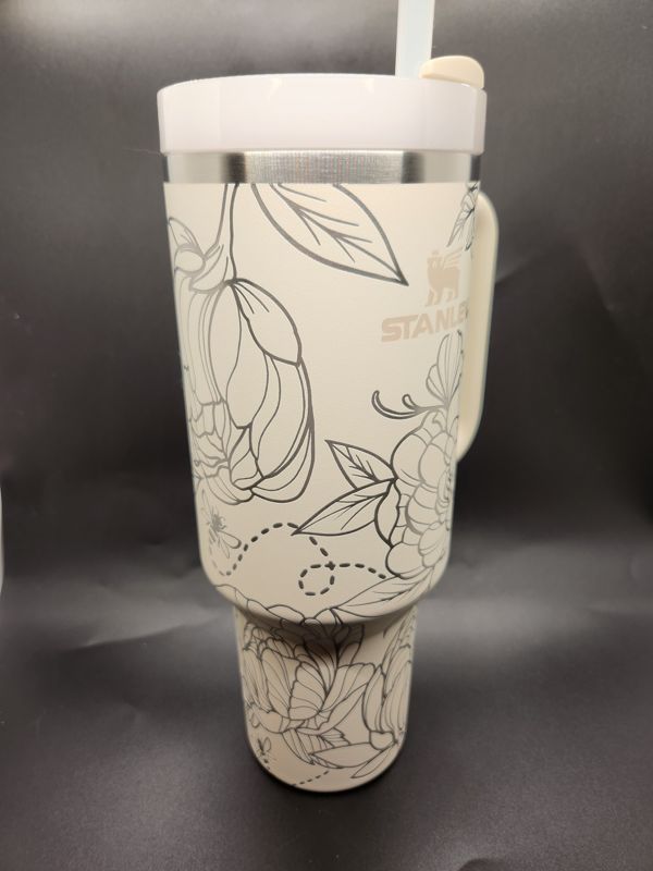 Spring Peony Tumbler with Bees! Engraved Stanley Quencher 40oz (Ocean Tie Dye, Peony)