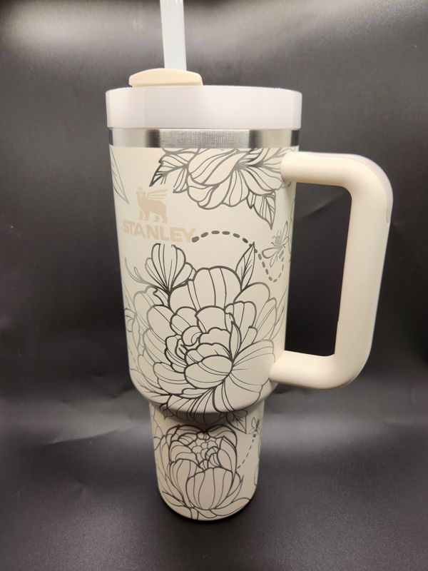 Spring Peony Tumbler with Bees! Engraved Stanley Quencher 40oz (Ocean Tie Dye, Peony)