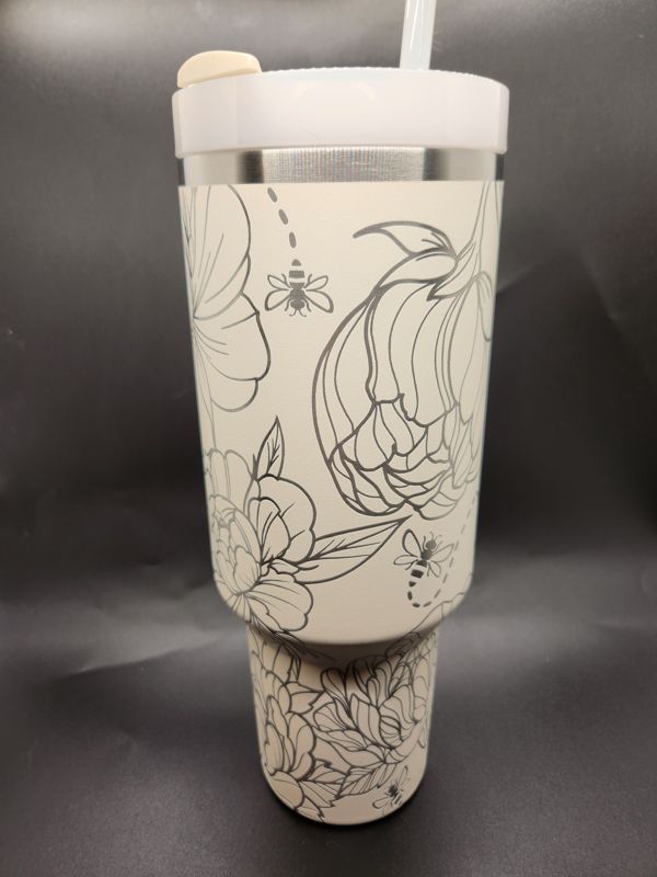 Spring Peony Tumbler with Bees! Engraved Stanley Quencher 40oz (Ocean Tie Dye, Peony)