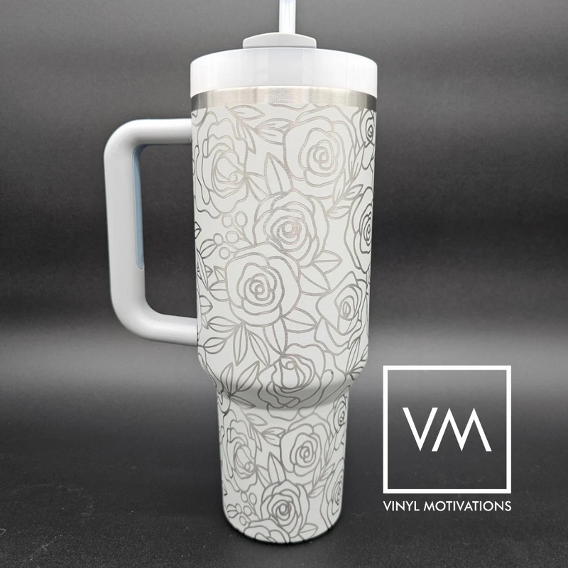 Spring Rose Tumbler Engraved Stanley Quencher 40oz (Cream 30oz, Roses)