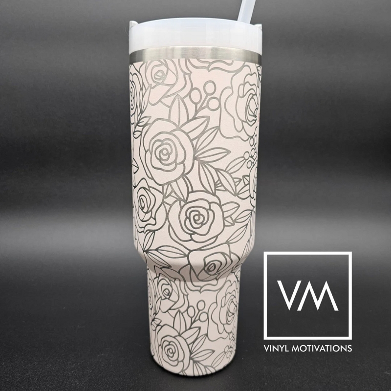 Spring Rose Tumbler Engraved Stanley Quencher 40oz (Cream 30oz, Roses)