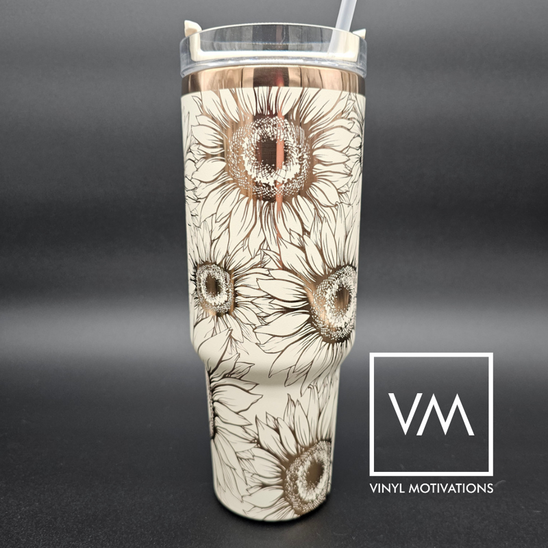 VM Laser Motivations Copper Engraved Tumbler, 40oz with Handle (Cream, Sunflower)