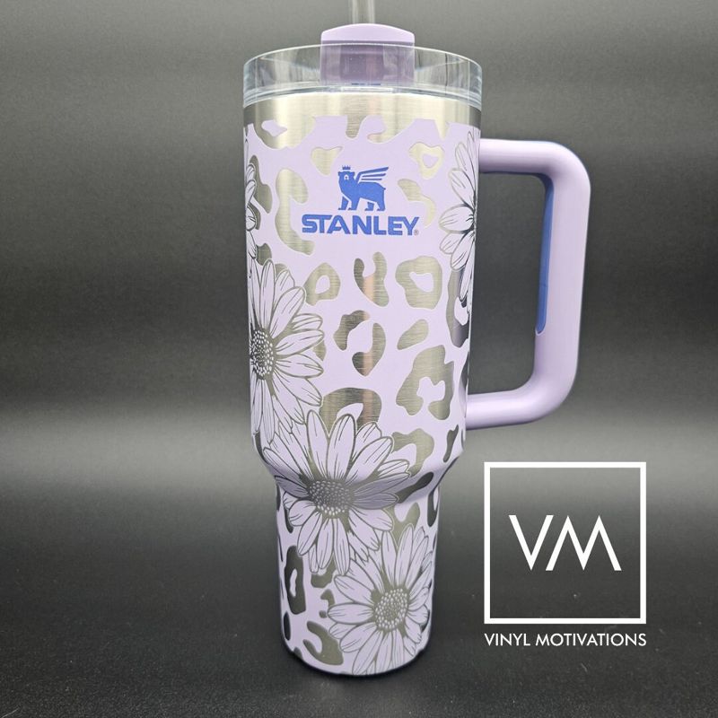 Daisy & Leopard Print Tumbler Engraved Stanley Quencher 40oz (Rose Quartz Glow, Daisy & Leopard)