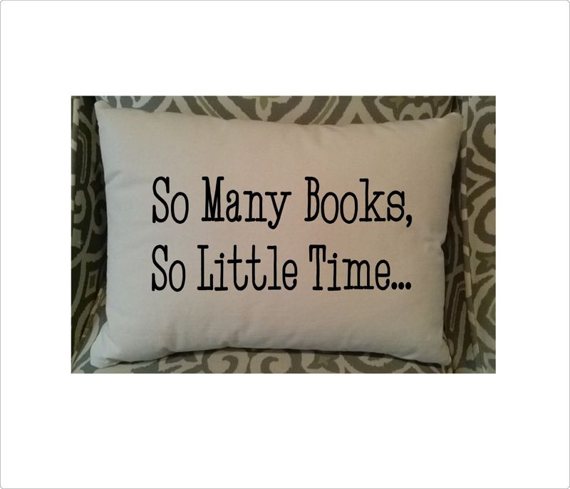 So Many Books Pillow, 12 x 18 Embroidered Pillow with Insert, Black, Gray or Dark Navy Print